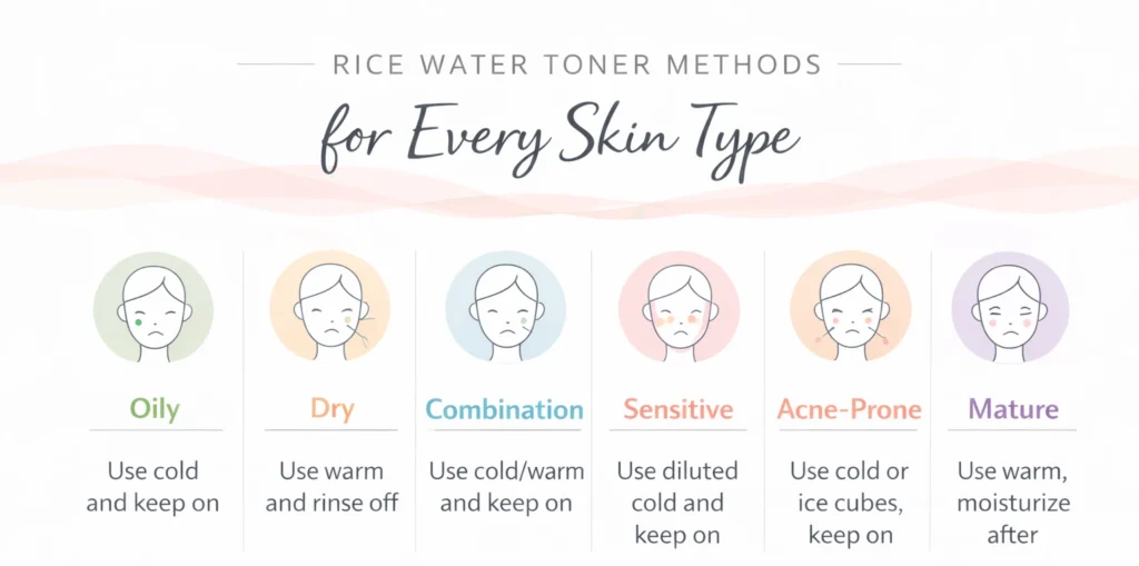Skincare infographic showing best rice water toner methods for oily, dry, combination, sensitive, acne-prone, and mature skin
