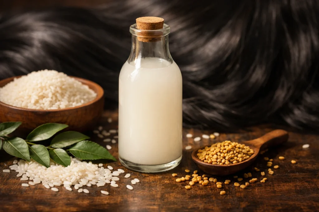 Glass bottle of homemade rice water for hair surrounded by rice grains and natural Indian hair care ingredients