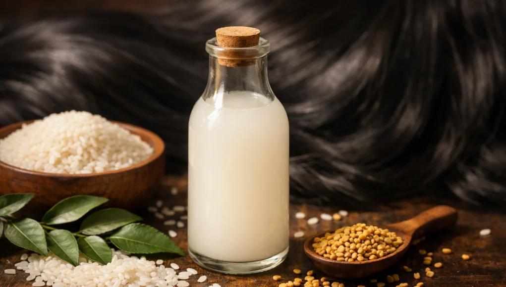 Rice Water for Hair — DIY Guide and Benefits Glass bottle of homemade rice water for hair surrounded by rice grains and natural Indian hair care ingredients