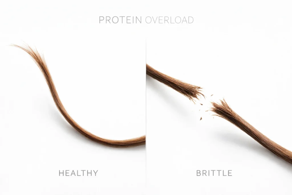 Comparison of healthy hair vs brittle hair showing protein overload damage from excessive rice water use
