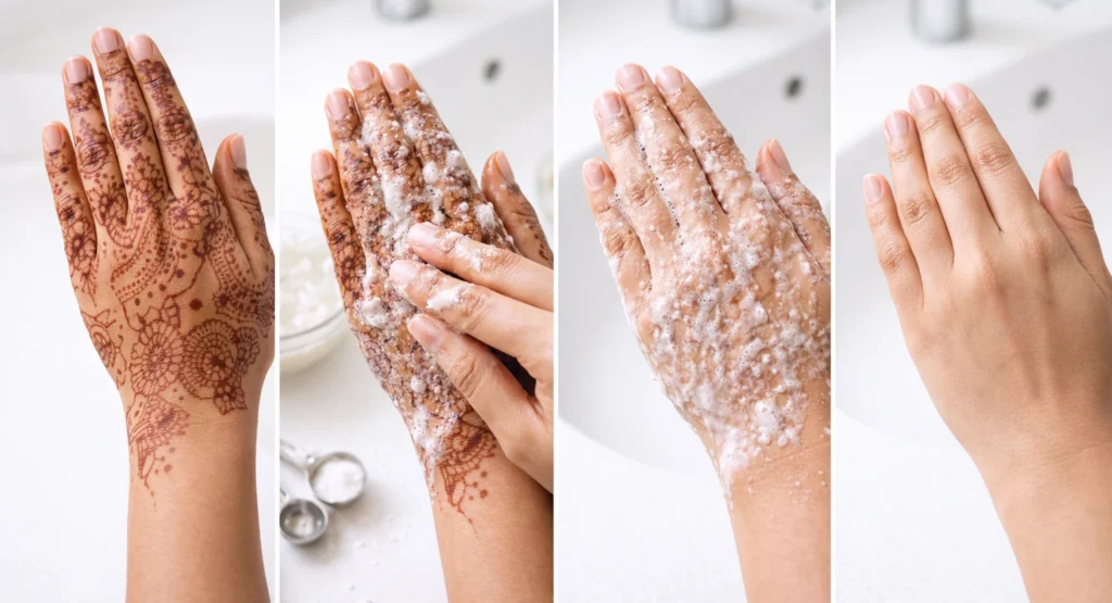 Four-step visual guide showing complete mehndi removal process from application to clean hands