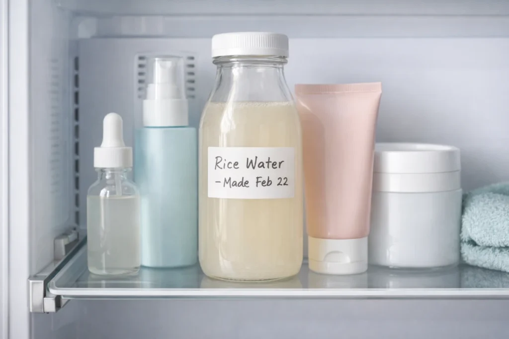 Glass bottle of rice water toner stored in refrigerator with date label for safe preservation