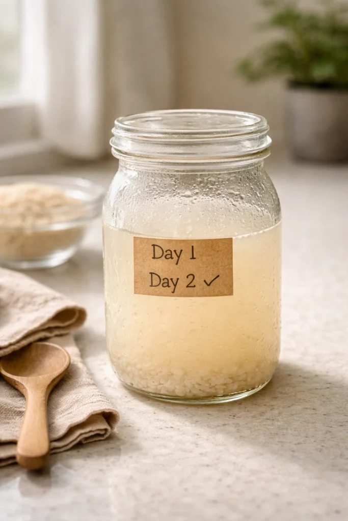 Glass jar of fermenting rice water showing the fermentation process for anti-aging toner preparation